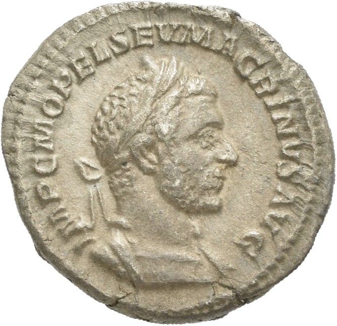RIC IV Macrinus 6b Macrinus obverse, Bust of Macrinus, laureate, cropped bearded, cuirassed, right