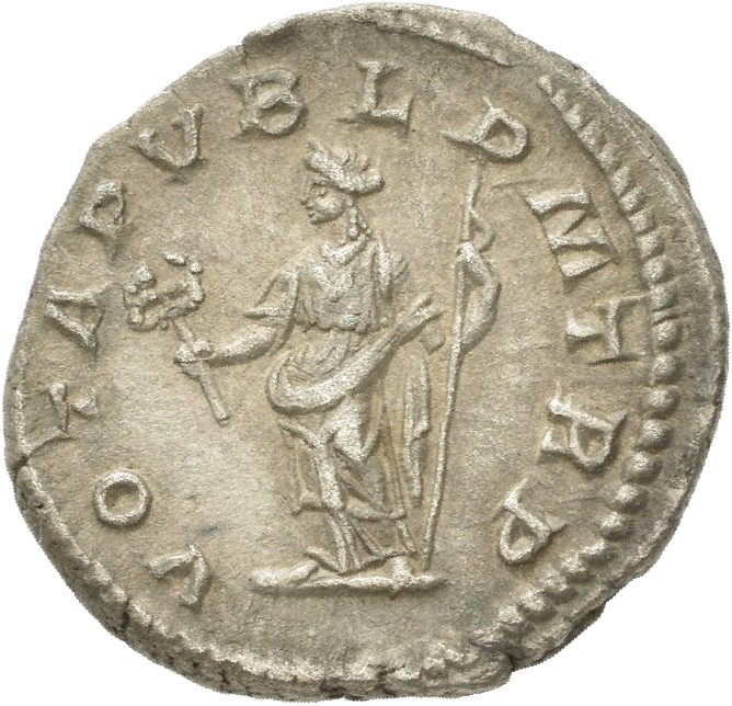RIC IV Macrinus 6b Macrinus reverse, Felicitas, draped, standing left, holding short caduceus in right hand and sceptre in...