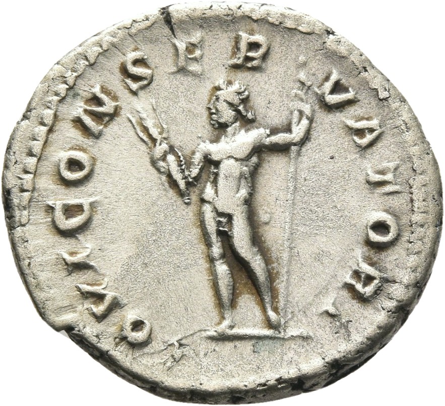 RIC IV Macrinus 71a Macrinus reverse, Jupiter, nude, standing left, holding thunderbolt in right hand and sceptre in left ...