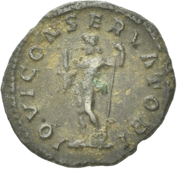 RIC IV Macrinus 73b Macrinus reverse, Jupiter, nude, standing left, holding thunderbolt in right hand and sceptre in left ...