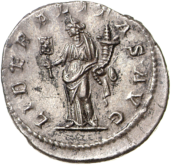 RIC IV Macrinus 78a Macrinus reverse, Liberalitas, draped, standing left, holding abacus in right hand and cornucopiae in ...