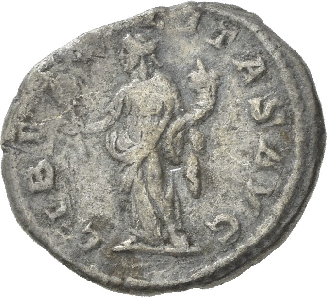 RIC IV Macrinus 78a Macrinus reverse, Liberalitas, draped, standing left, holding abacus in right hand and cornucopiae in ...