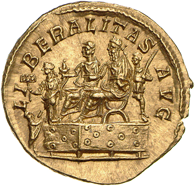 RIC IV Macrinus 79 Macrinus reverse, Macrinus and Diadumenian, seated left on platform; behind, officer standing; in front...
