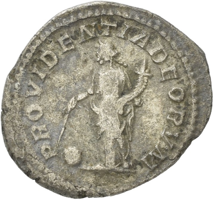 RIC IV Macrinus 80a Macrinus reverse, Providentia, draped, standing left, holding wand in right hand over globe set on gro...