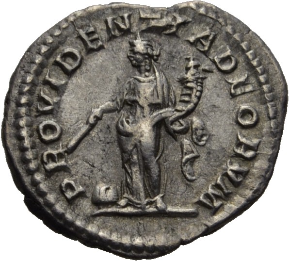 RIC IV Macrinus 80a Macrinus reverse, Providentia, draped, standing left, holding wand in right hand over globe set on gro...