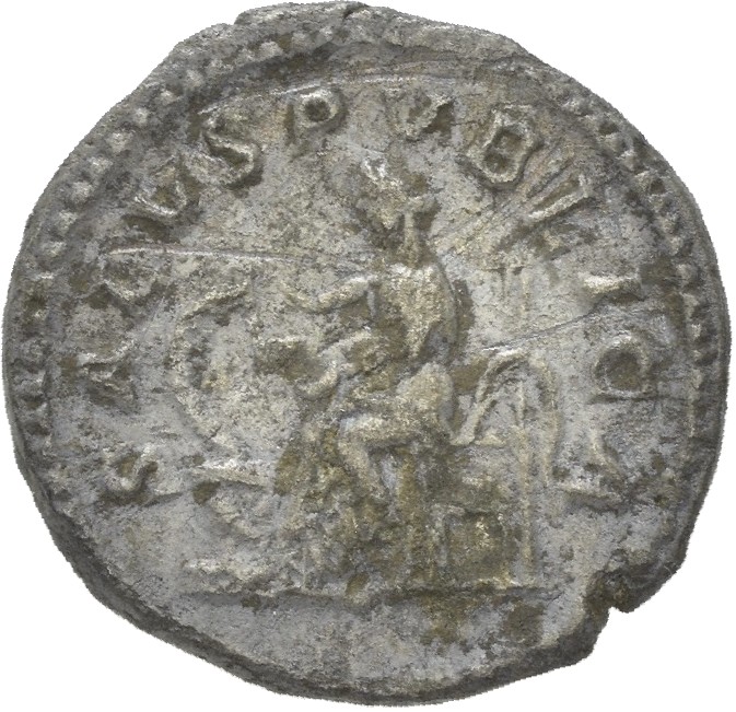 RIC IV Macrinus 84 Macrinus reverse, Salus, draped, seated left on throne with high back, feeding out of patera in left ha...