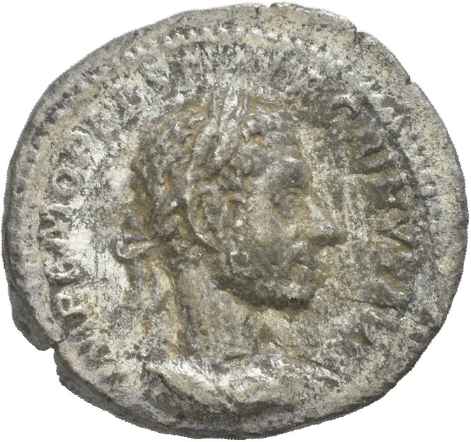 RIC IV Macrinus 84 Macrinus obverse, Bust of Macrinus, laureate, cropped bearded, cuirassed, right