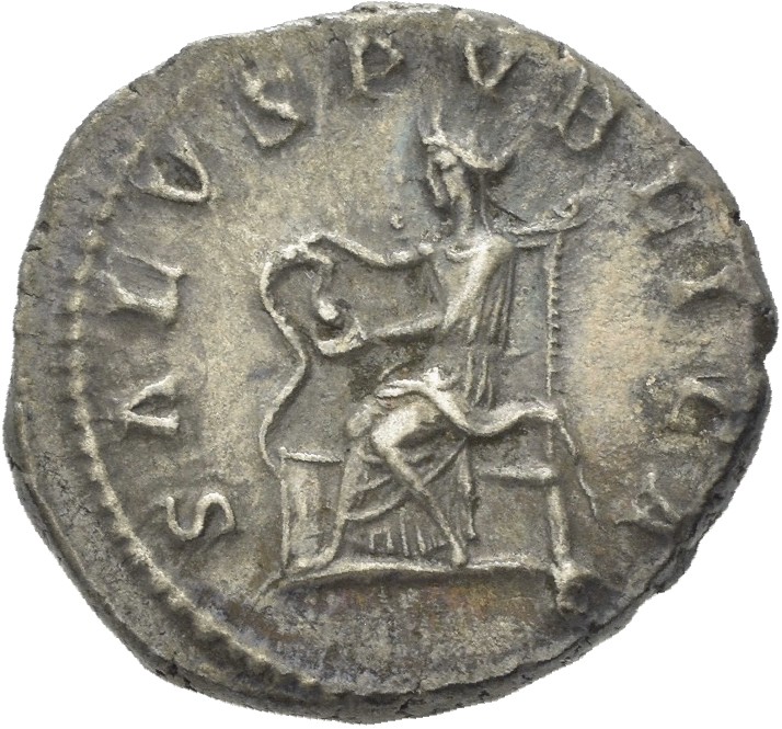 RIC IV Macrinus 85b Macrinus reverse, Salus, draped, seated left on throne with high back, feeding out of patera in left h...