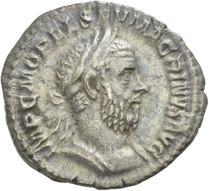 RIC IV Macrinus 85b Macrinus obverse, Bust of Macrinus, laureate, long bearded, cuirassed, right