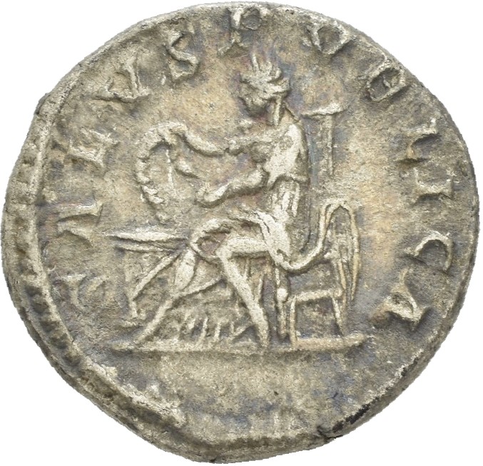 RIC IV Macrinus 85b Macrinus reverse, Salus, draped, seated left on throne with high back, feeding out of patera in left h...