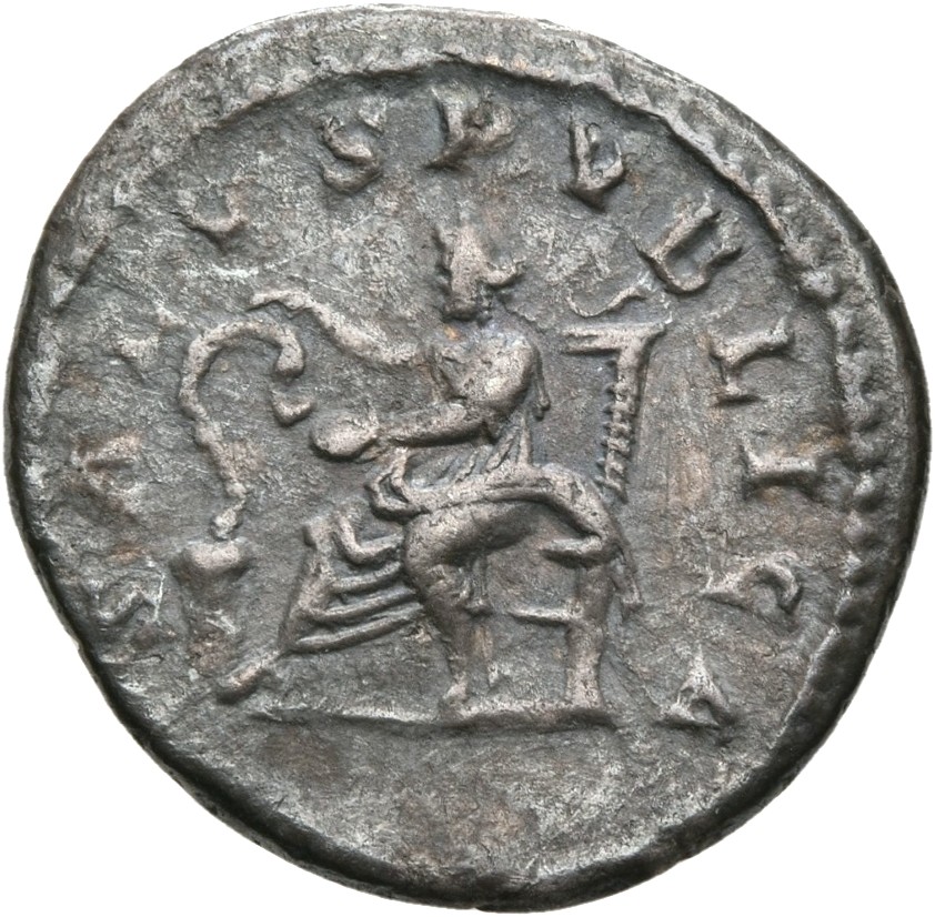 RIC IV Macrinus 85c Macrinus reverse, Salus, draped, seated left on throne with high back, feeding out of patera in left h...