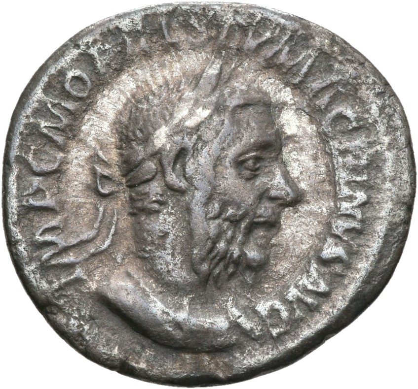 RIC IV Macrinus 85c Macrinus obverse, Bust of Macrinus, laureate, long bearded, draped, cuirassed, right