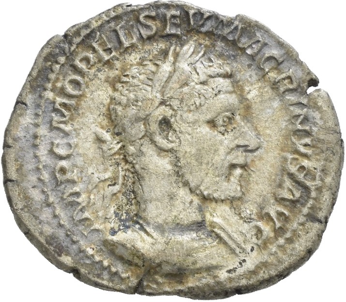 RIC IV Macrinus 86 Macrinus obverse, Bust of Macrinus, laureate, cropped bearded, cuirassed, right