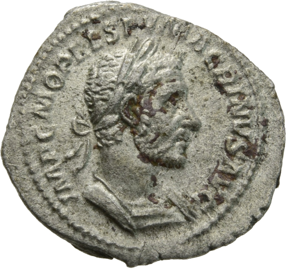 RIC IV Macrinus 8b Macrinus obverse, Bust of Macrinus, laureate, cropped bearded, cuirassed, right
