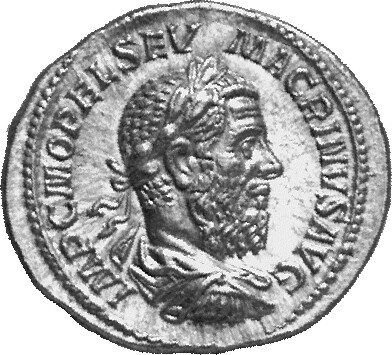 RIC IV Macrinus 90 Macrinus obverse, Bust of Macrinus, laureate, long bearded, draped, cuirassed, right