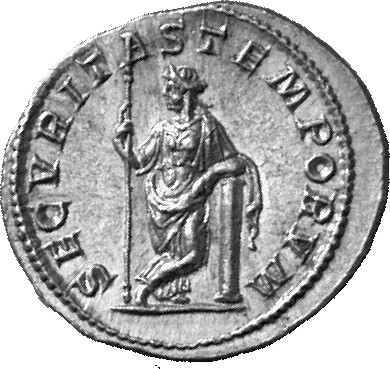 RIC IV Macrinus 90 Macrinus reverse, Securitas, draped, standing left, legs crossed, holding sceptre in right hand and res...