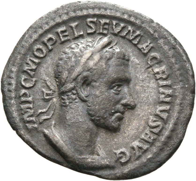 RIC IV Macrinus 91 Macrinus obverse, Bust of Macrinus, laureate, cropped bearded, cuirassed, right