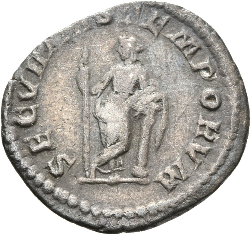 RIC IV Macrinus 91 Macrinus reverse, Securitas, draped, standing left, legs crossed, holding sceptre in right hand and res...