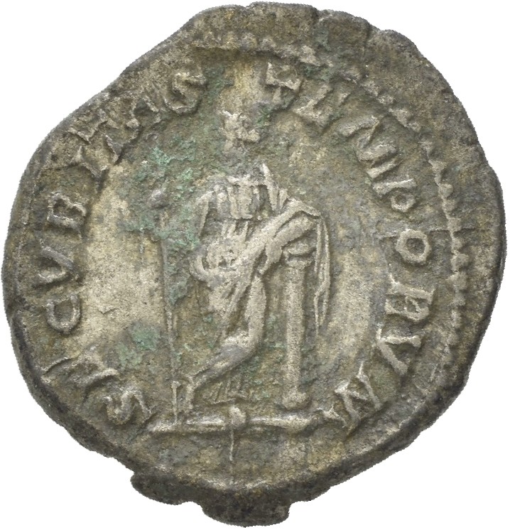 RIC IV Macrinus 92b Macrinus reverse, Securitas, draped, standing left, legs crossed, holding sceptre in right hand and re...