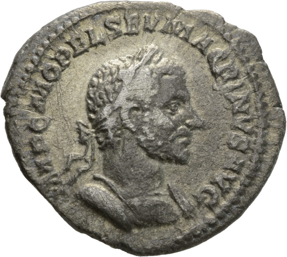 RIC IV Macrinus 94b Macrinus obverse, Bust of Macrinus, laureate, cropped bearded, cuirassed, right