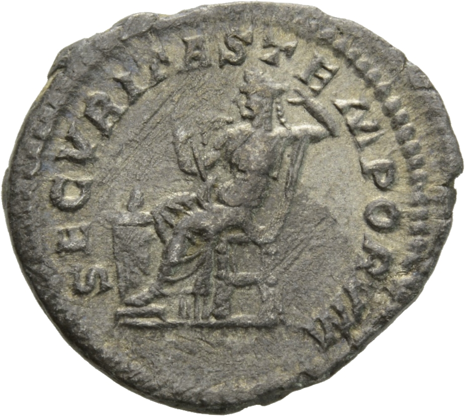 RIC IV Macrinus 94b Macrinus reverse, Securitas, draped, seated left, holding sceptre in right hand and supporting her hea...