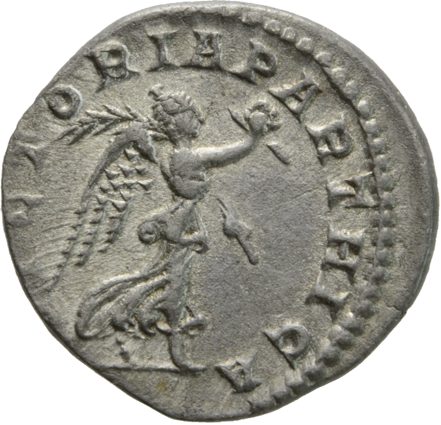 RIC IV Macrinus 97 Macrinus reverse, Victory, winged, draped, walking right, holding wreath in right hand and palm in left...