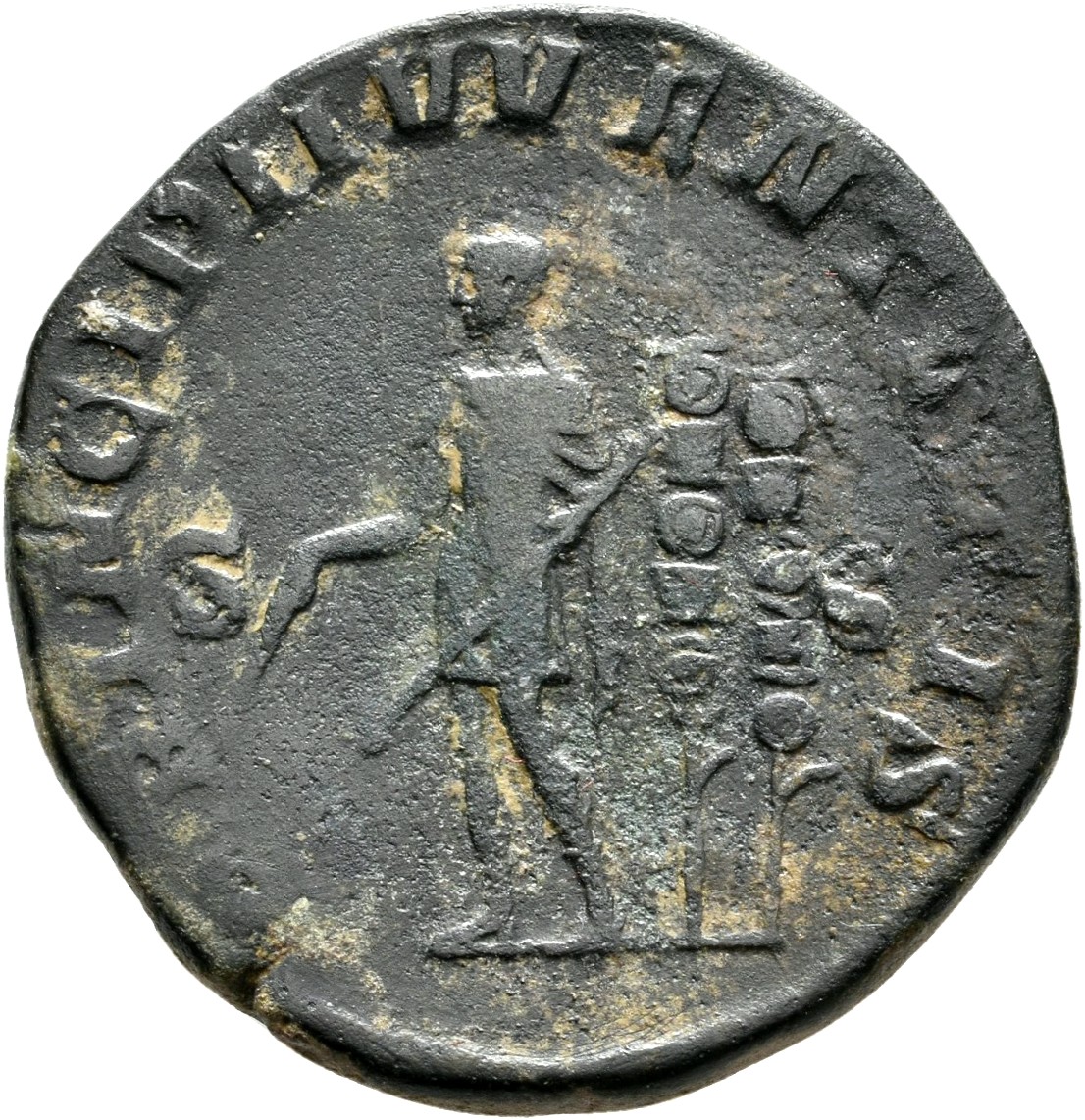 RIC IV Maximus 13 Maximinus Thrax reverse, Maximus, in military attire, standing left, holding baton in right hand and tra...