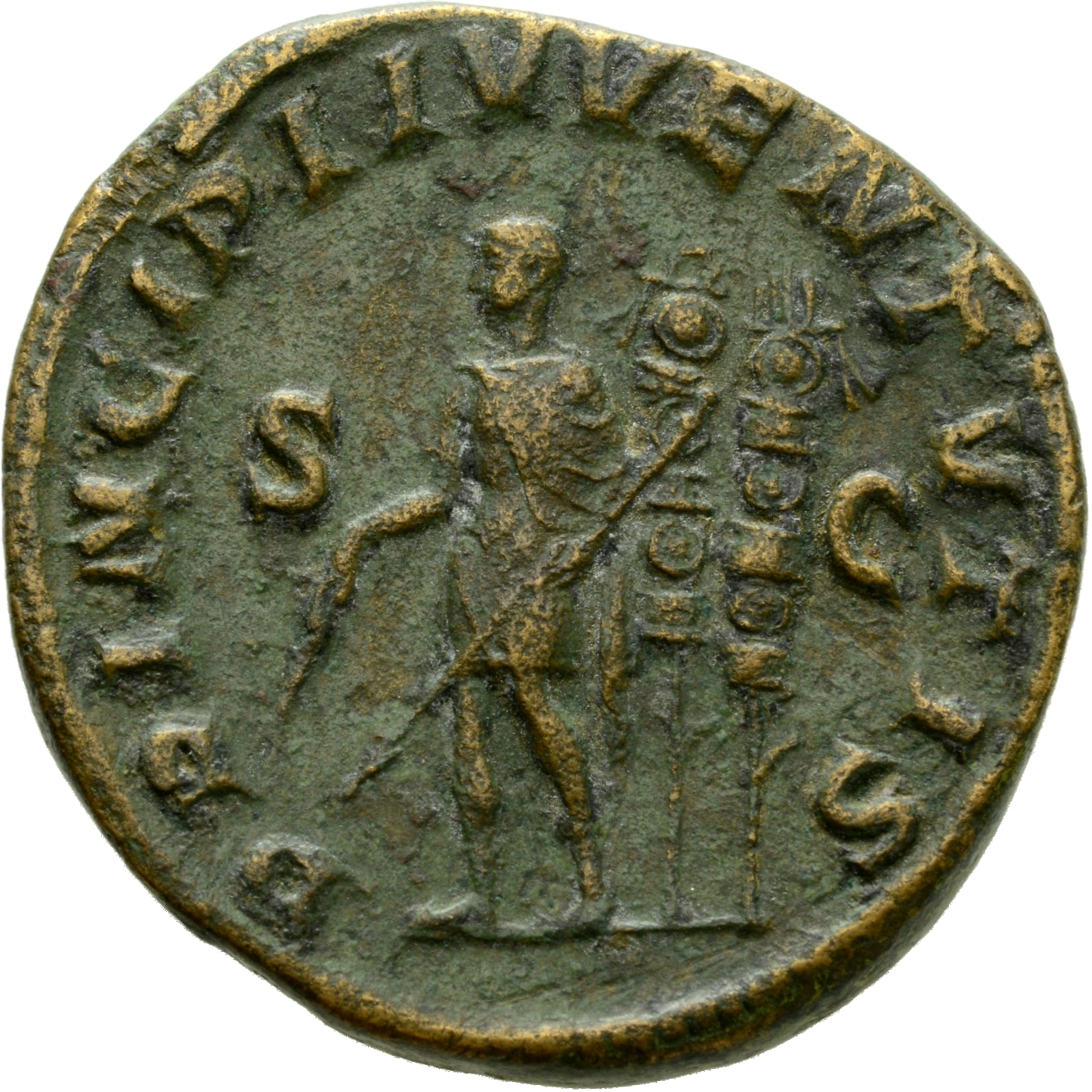 RIC IV Maximus 9 Maximinus Thrax reverse, Maximus, in military attire, standing left, holding baton in right hand and tran...