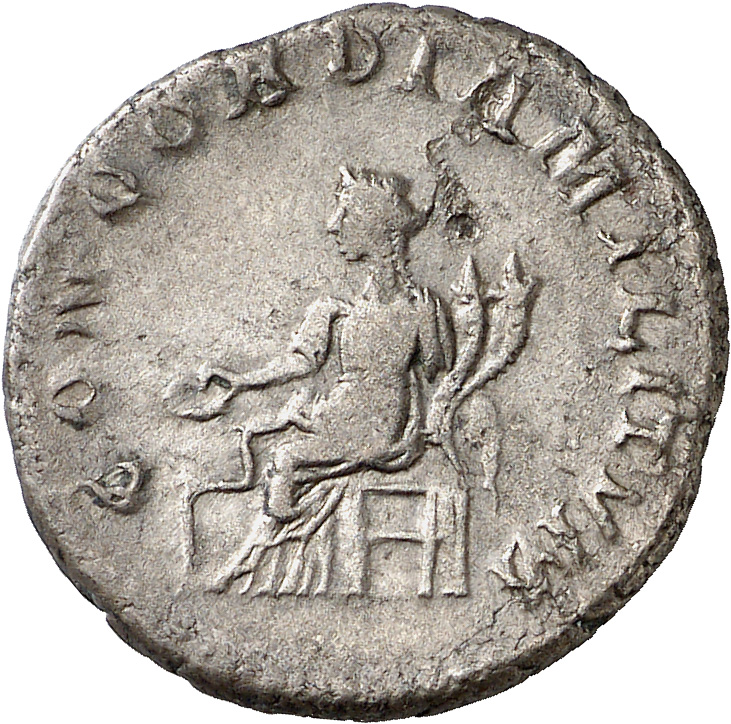 RIC IV Pacatianus 1 Pacatianus reverse, Concordia, draped, seated left, holding patera in right hand and double cornucopia...