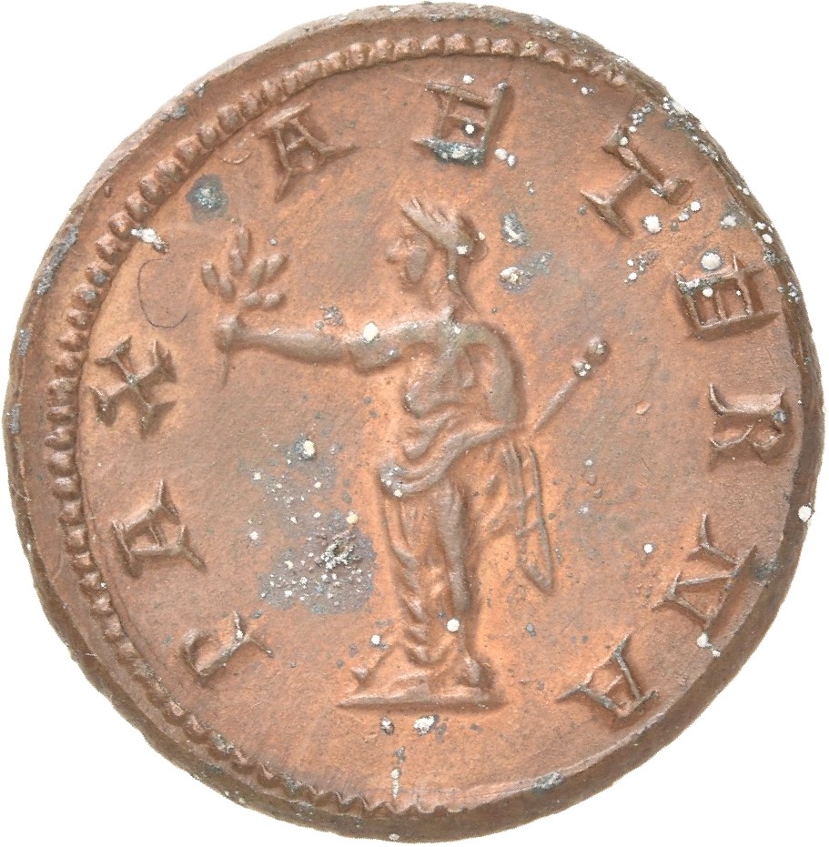 RIC IV Pacatianus 5c Pacatianus reverse, Pax, draped, standing left, holding branch in extended right hand and transverse ...