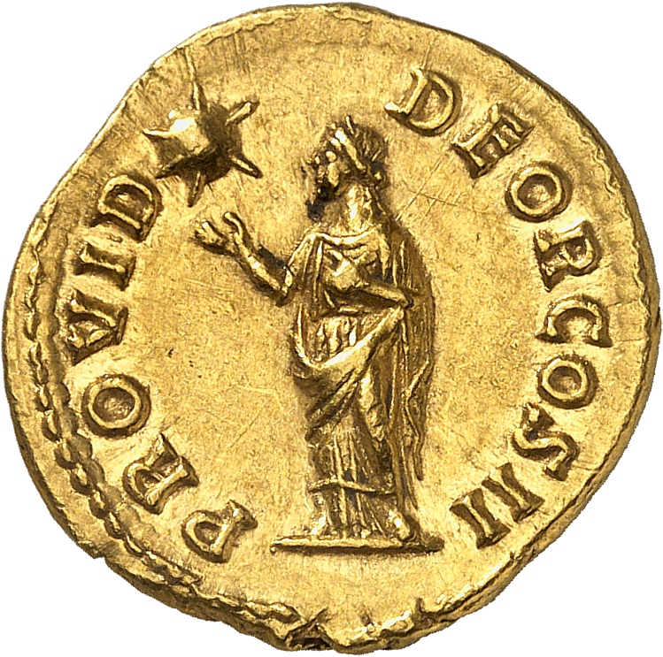 RIC IV Pertinax 11A (aureus) Pertinax reverse, Providentia, draped, standing left, holding right hand above head to star a...