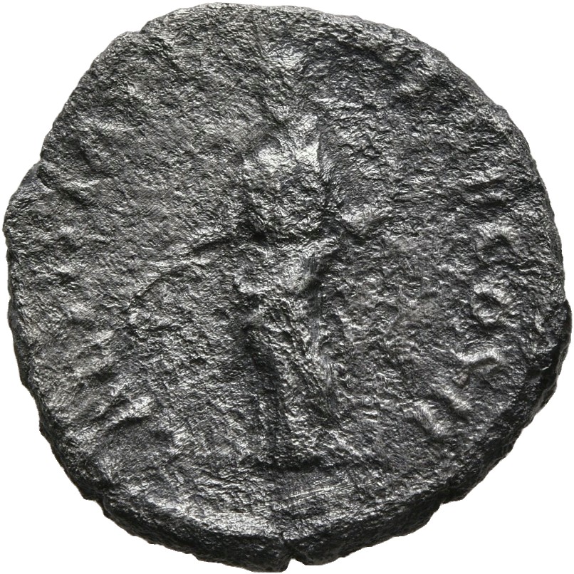 RIC IV Pertinax 4a (denarius) Pertinax reverse — Laetitia, draped, standing left, holding wreath in right hand and sceptre...