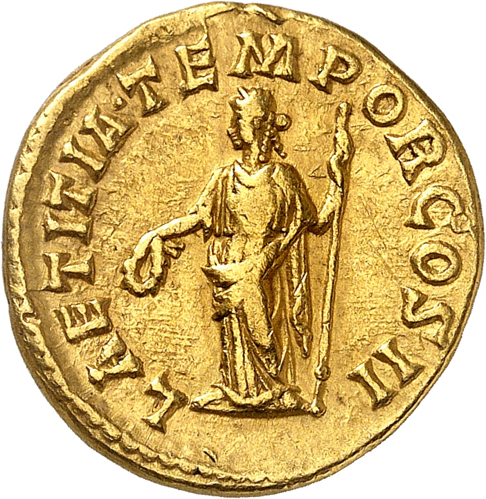 RIC IV Pertinax 4b Pertinax reverse, Laetitia, draped, standing left, holding wreath in right hand and sceptre in left hand