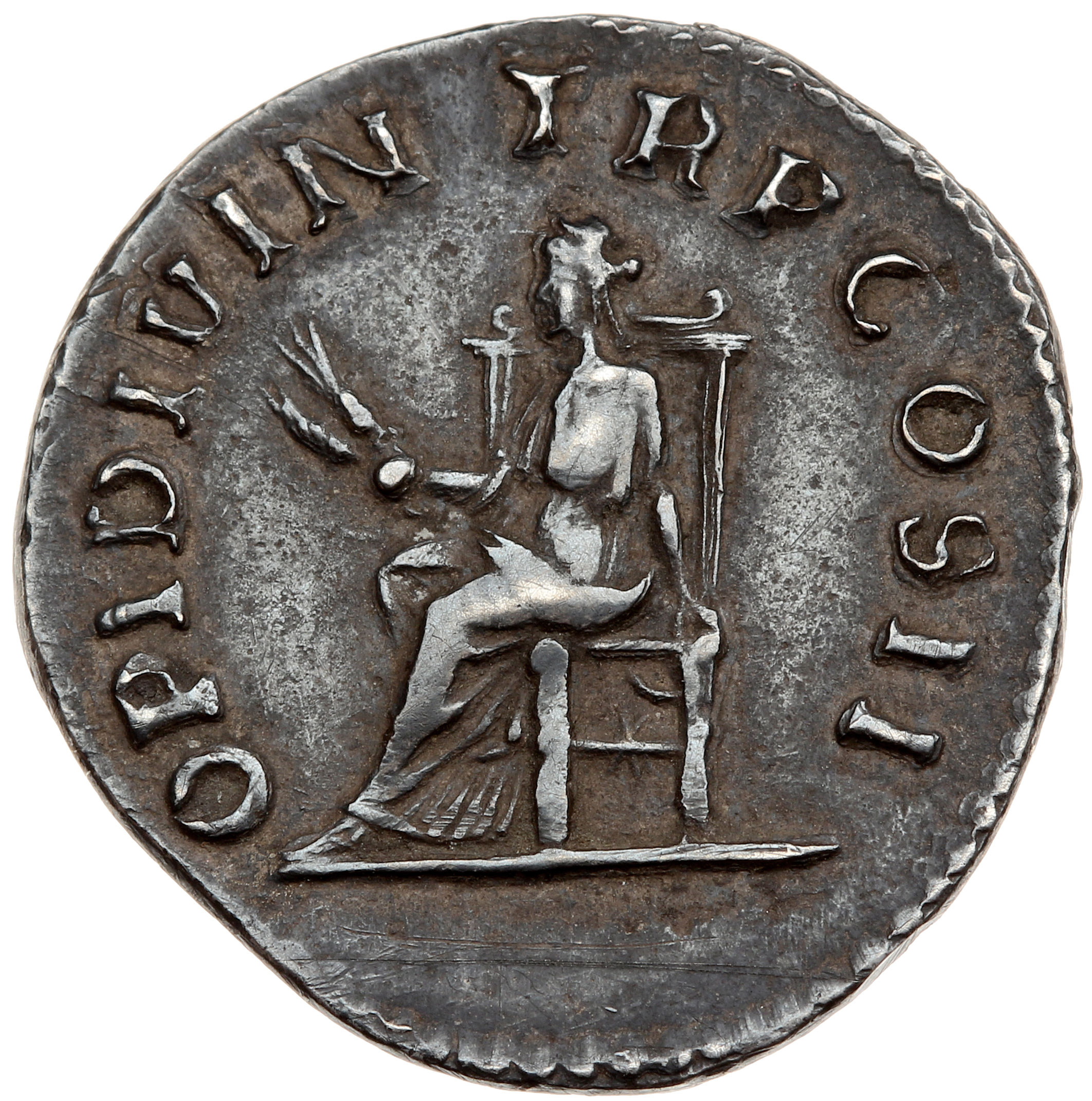 RIC IV Pertinax 8 Pertinax reverse — Ops, draped, seated left on throne, holding two corn-ears in right hand