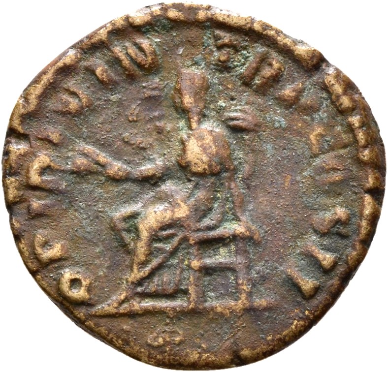 RIC IV Pertinax 8A Pertinax reverse, Ops, draped, seated left on throne, holding two corn-ears in right hand