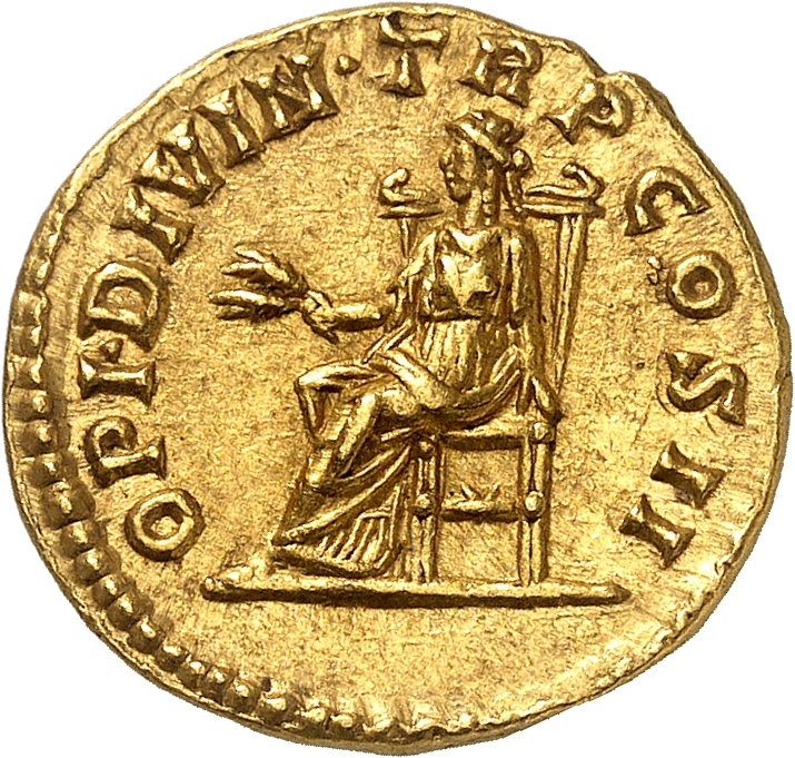 RIC IV Pertinax 8A (aureus) Pertinax reverse, Ops, draped, seated left on throne, holding two corn-ears in right hand