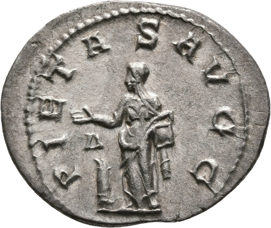 RIC IV Philip I 115 Philip The Arab reverse — Pietas, draped, standing left, raising right hand over altar and holding per...