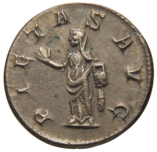 RIC IV Philip I 120B Philip The Arab reverse, Pietas, draped, standing left, raising right hand and holding box of perfume...