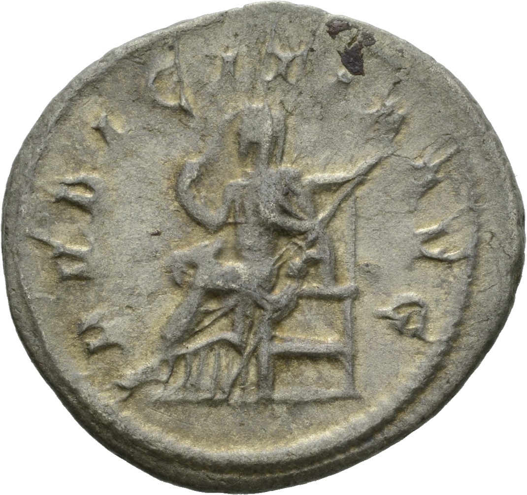 RIC IV Philip I 123C Philip The Arab reverse, Pudicitia, draped, veiled, seated left, right hand drawing veil and holding ...