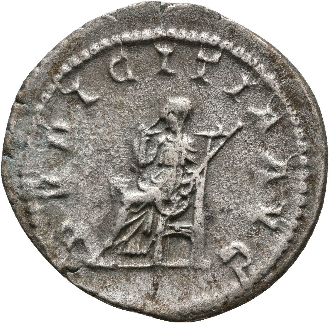 RIC IV Philip I 123C Philip The Arab reverse — Pudicitia, draped, veiled, seated left, right hand drawing veil and holding...