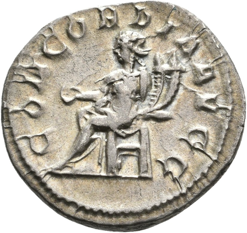 RIC IV Philip I 125 Philip The Arab reverse, Concordia, draped, seated left, holding patera in right hand and double cornu...