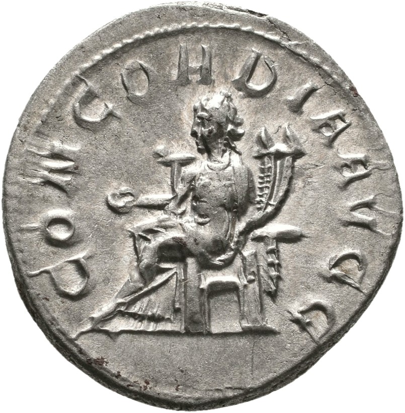 RIC IV Philip I 125C Philip The Arab reverse — Concordia, draped, seated left, holding patera in right hand and double cor...