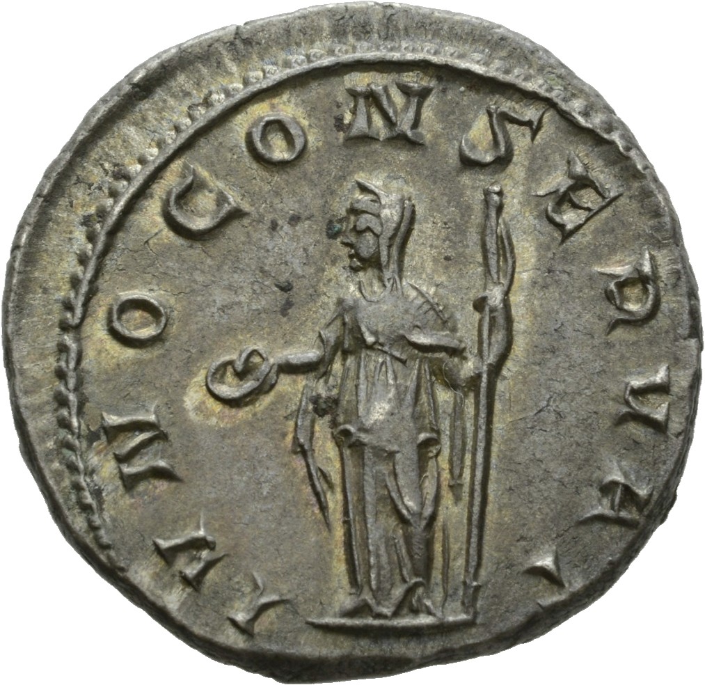 RIC IV Philip I 127 Philip The Arab reverse, Juno, veiled, standng left, holding patera in right hand and sceptre in left ...