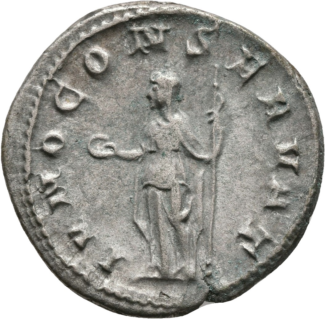 RIC IV Philip I 127 Philip The Arab reverse — Juno, veiled, standng left, holding patera in right hand and sceptre in left...