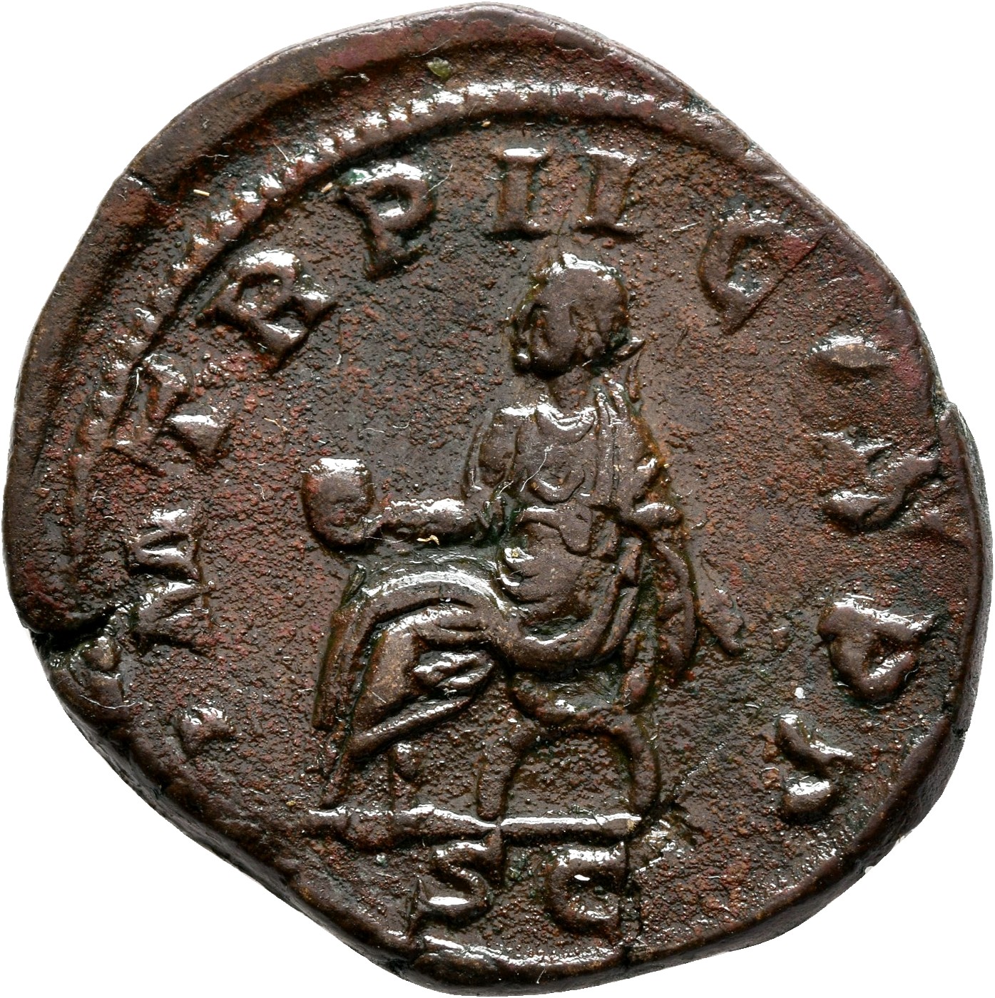RIC IV Philip I 148A Philip The Arab reverse, Philip the Arab, seated left, on curule chair, holding globe in right hand a...