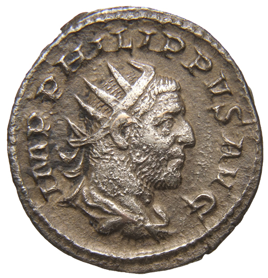 RIC IV Philip I 15 Philip The Arab obverse — Bust of Philip the Arab, radiate, draped, cuirassed, right