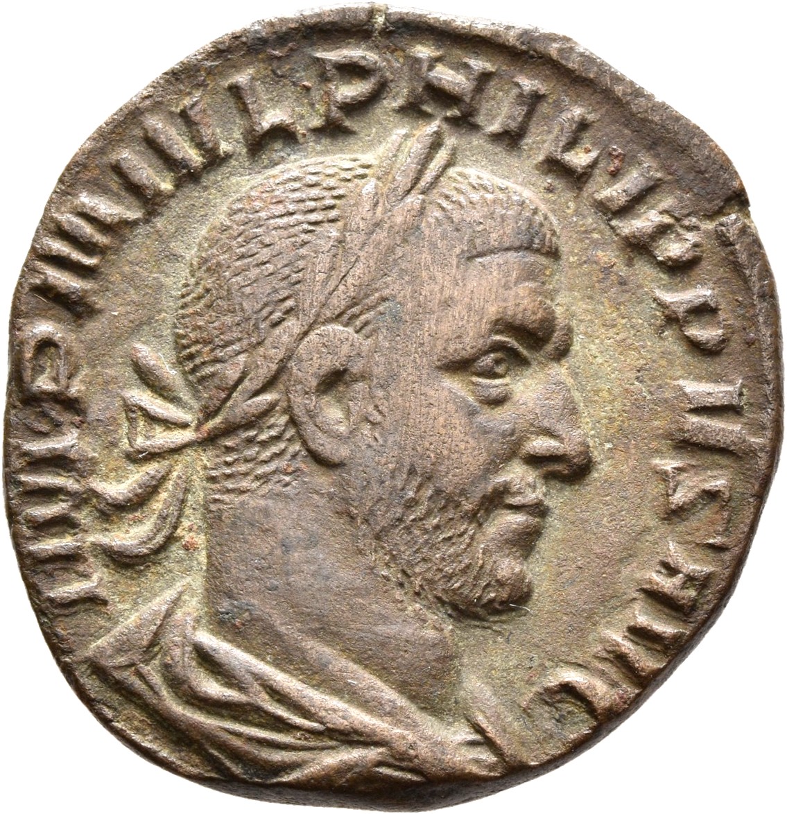 RIC IV Philip I 153A Philip The Arab obverse, Bust of Philip the Arab, laureate, draped, cuirassed, right