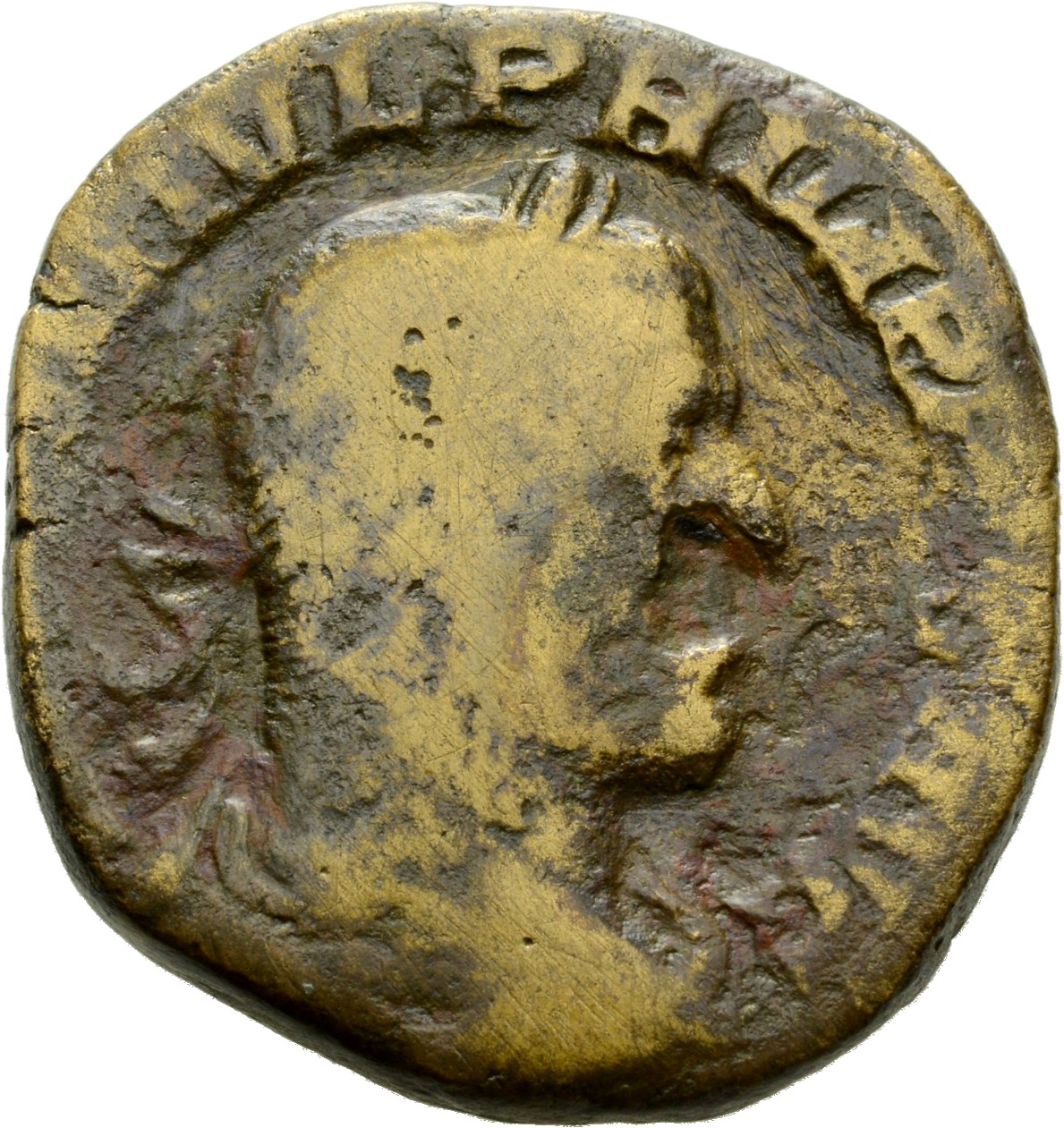 RIC IV Philip I 158 Philip The Arab obverse, Bust of Philip the Arab, laureate, draped, cuirassed, right