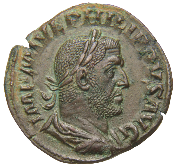 RIC IV Philip I 161 Philip The Arab obverse, Bust of Philip the Arab, laureate, draped, cuirassed, right