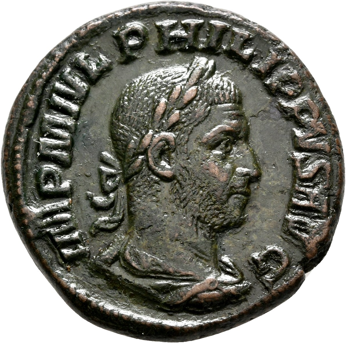 RIC IV Philip I 162B Philip The Arab obverse — Bust of Philip the Arab, laureate, draped, cuirassed, right